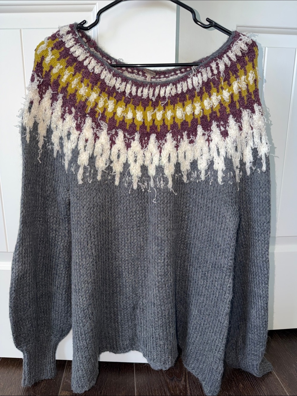 Free People Gray Crewneck Sweater with Purple, White & Chartreuse Yoke